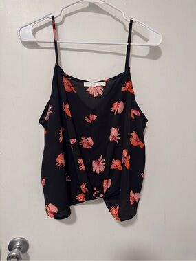 *Never Worn* Lush Black Floral Tie-Hem Cami with Pink & Orange Blooms